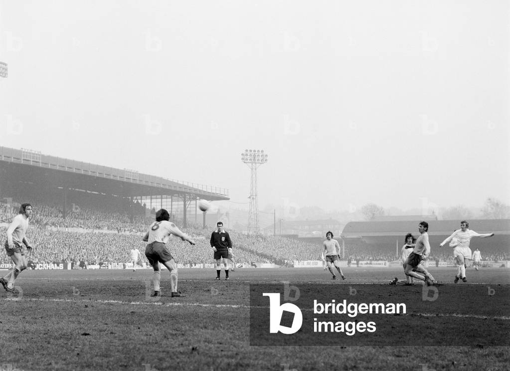 FA Cup Quarter Final match at Elland Road. Leeds United 2 v Tottenham Hotspur 1 Action during the match with Leeds on the attack, 18th March 1972 (b/w photo)