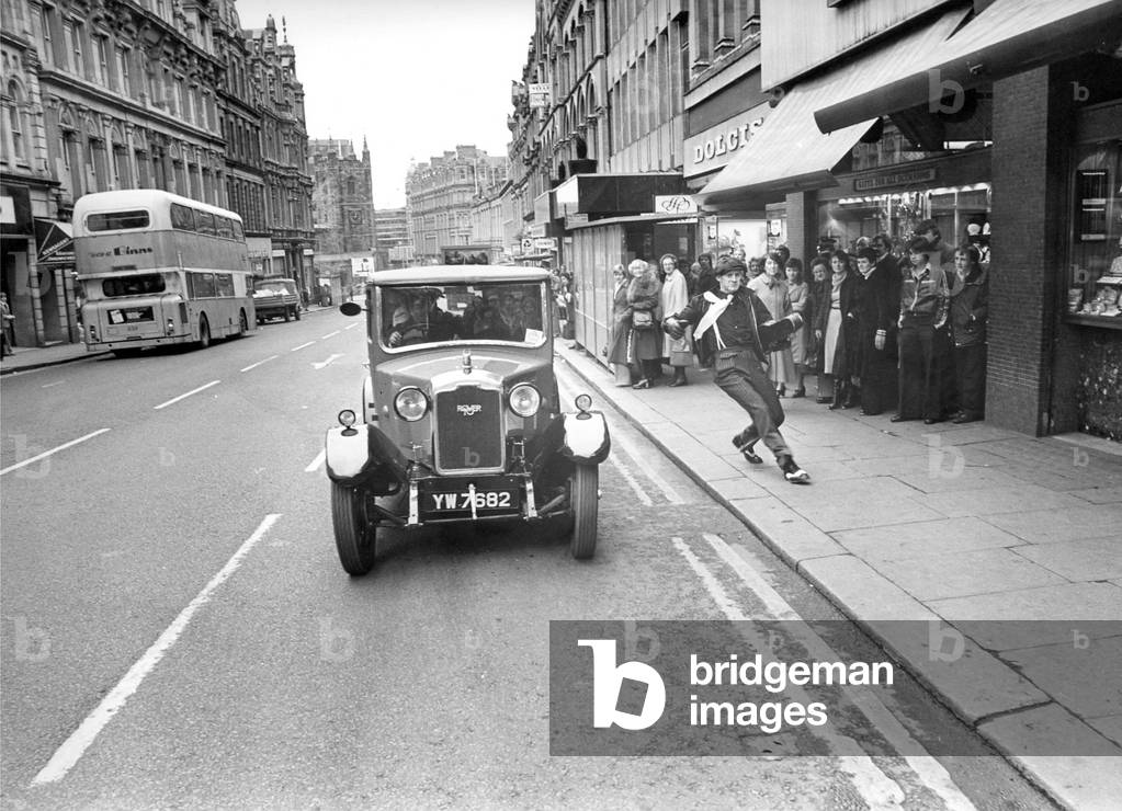 Some of the cast of the play Arturo Ul on Grainger Street in Newcastle dressed as American gangsters in March 1979