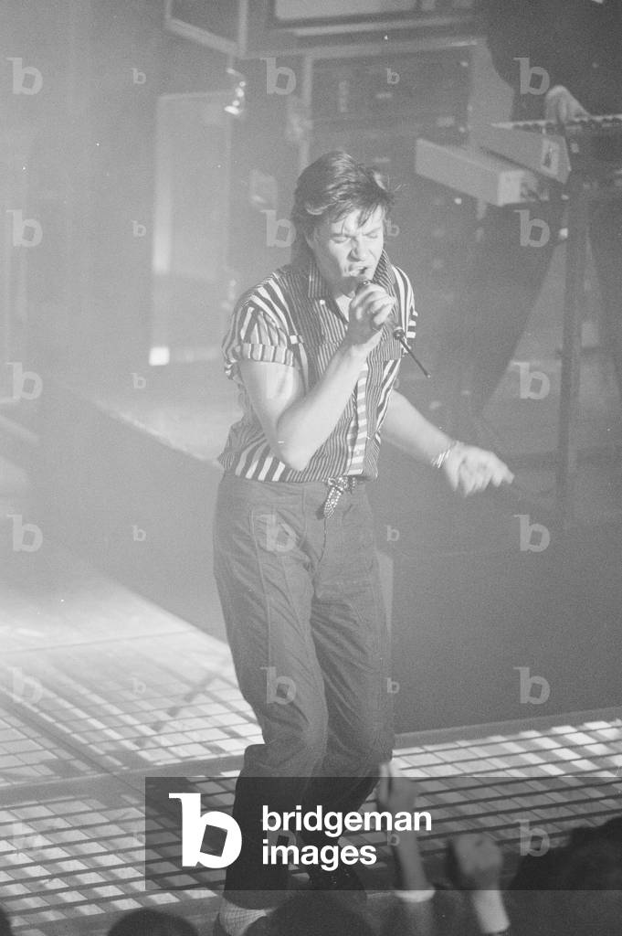 Duran Duran performing on stage at the Montreux Golden Rose Pop Festival, Montreux, Switzerland, 11th May 1984 (b/w photo)
