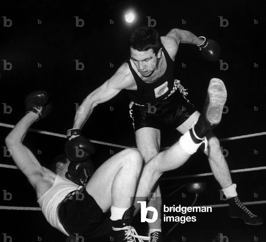 ABA middleweight champion Willie Stack, of Leamington Boys Club, during a fight, c. 1960s (b/w photo)