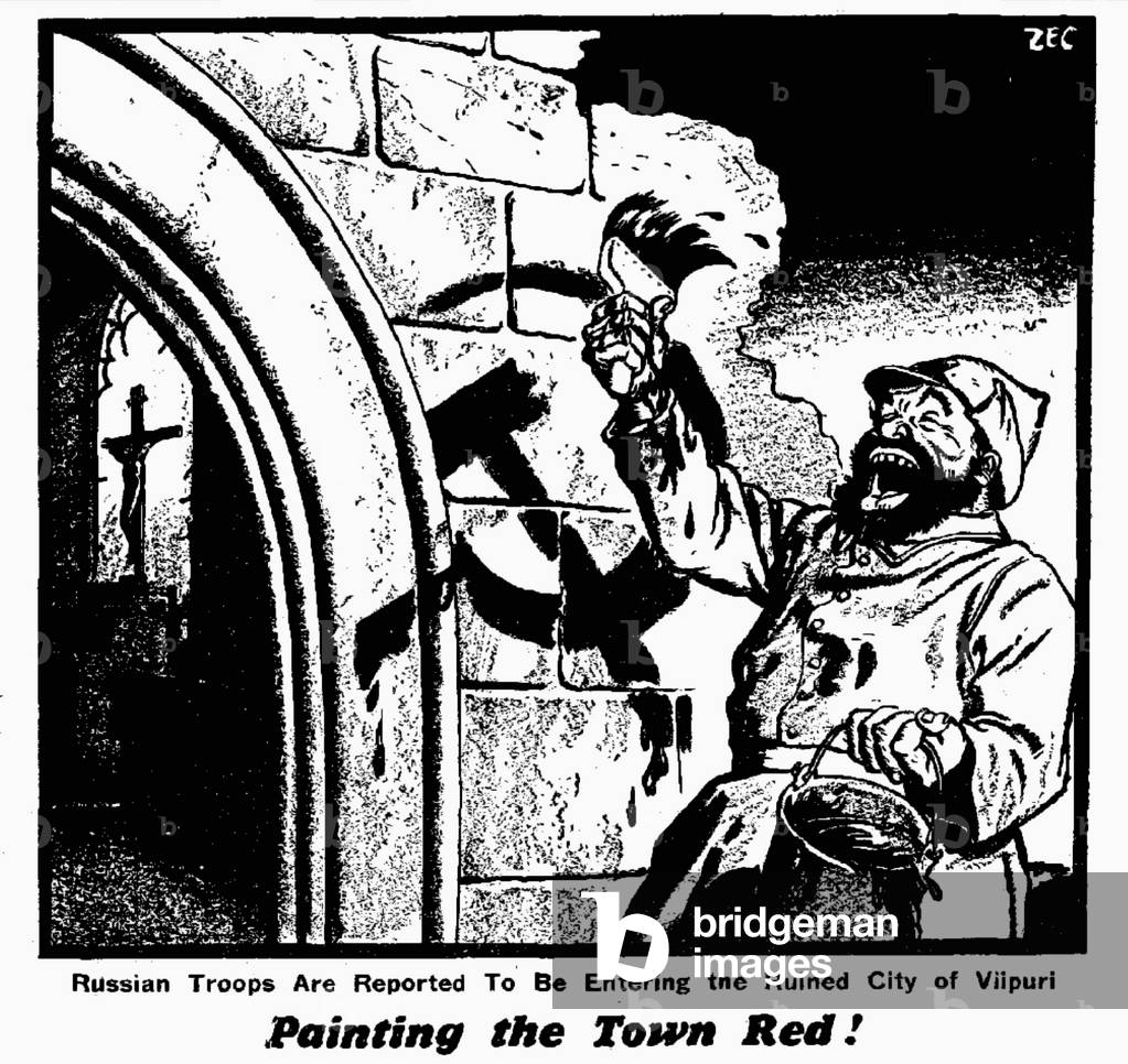 Russian Troops Are Reported To Be Entering the Ruined City of Vilpuri. Painting the Town Red!, 16th March 1940 (b/w illustration)