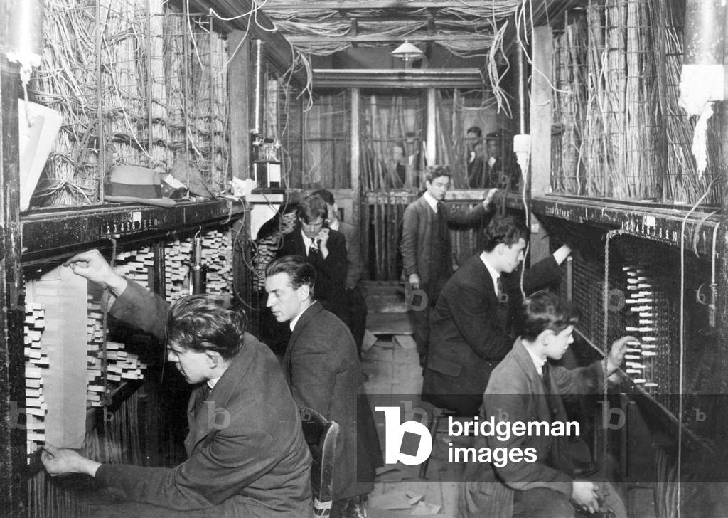 The opening of the new telephone exchange at South John Street, Liverpool. Pictured is the room where the switching over from the old to the new takes place. 5th November 1920 (b/w photo)