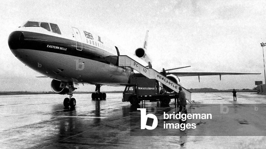 A McDonnell Douglas DC-10 airliner named 'Eastern Belle' of Sir Freddy Laker's Laker Airways, arrived at Newcastle Airport to take businessmen, travel agents, airport chiefs and pressmen on a champagne flight to show off the aircraft's capabilities. The plane was able to carry upto 380 passengers, one the largest capacities of the time. 5th December, 1972 (b/w photo)
