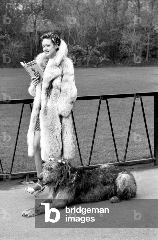 Girl and Dog in Curlers. Model Victoria Burgyne and Irish Wolf Hound 