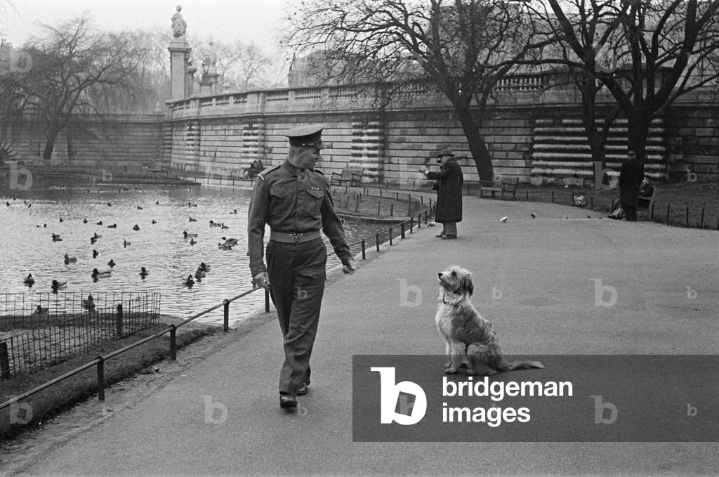 One of the Queen's Guardsmen in a park with a dog, London, c. February 1948 (b/w photo)