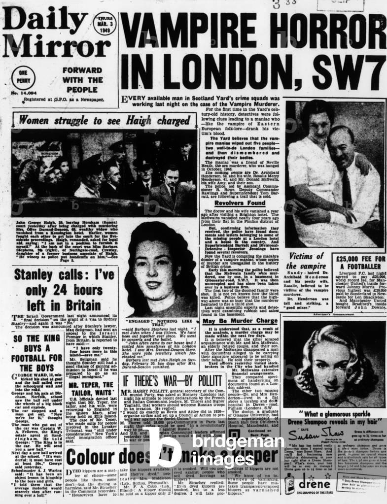Daily Mirror front page giving details of John George Haigh's trial, 3rd March 1949 (b/w photo)