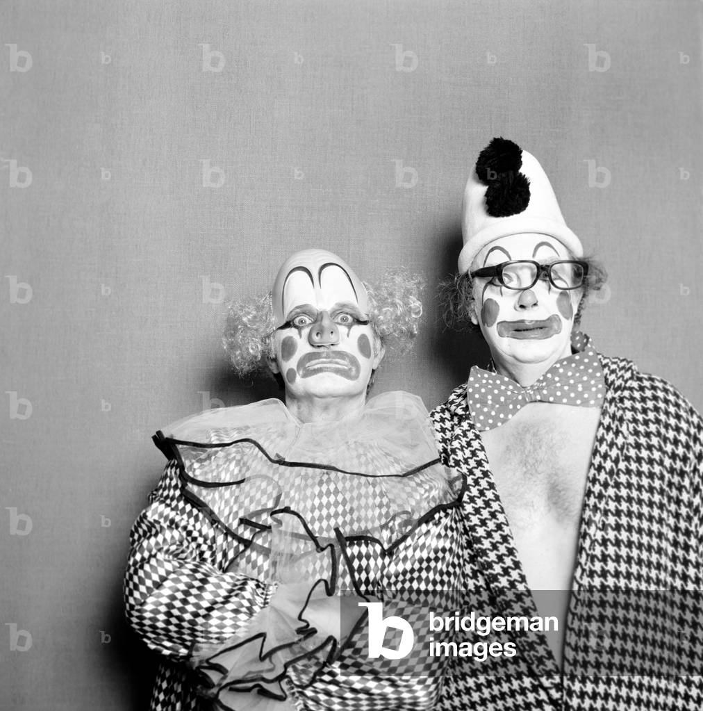 Morecombe and Wise comedy double act seen here as Clowns, June 1976 (b/w photo)