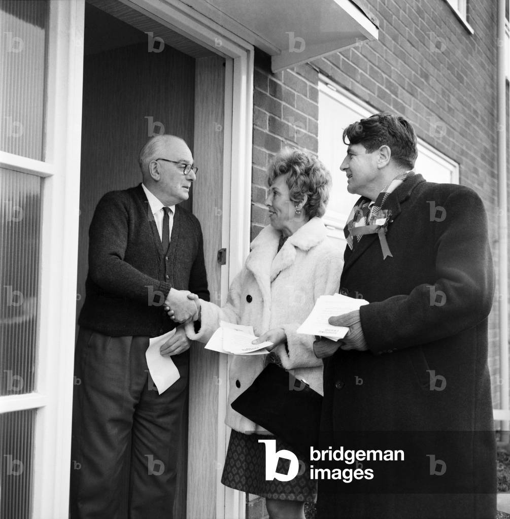 Wellingborough Election. Politics. Election. Mr. J. Mann, canvassing outside the John White factory. November 1969