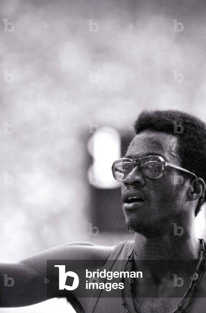 Edwin Moses, USA (943) winner of 400m hurdles final after the race. July 1976 (b/w photo)