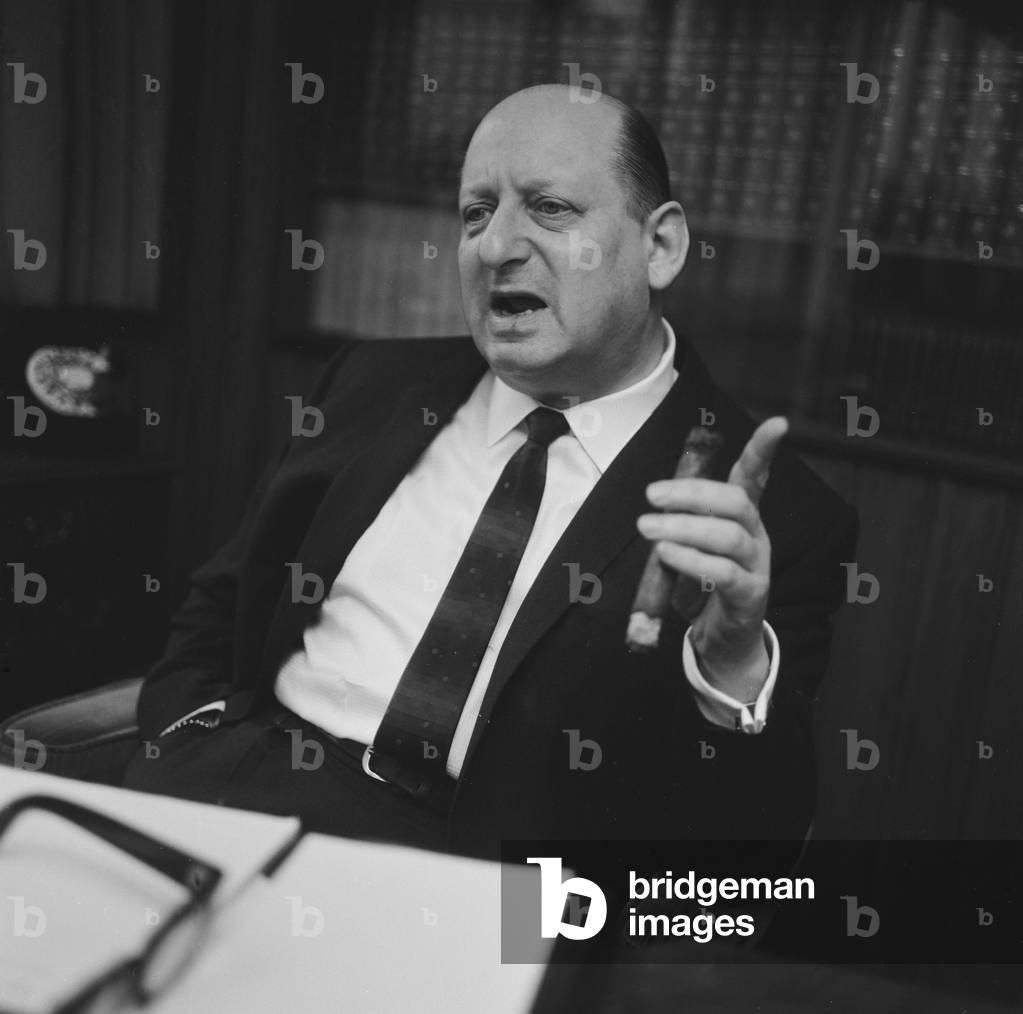 Media mogul Lew Grade pictured in his office at the ATV studios in Great Cumberland Place, London. 21st February 1964 (b/w photo)