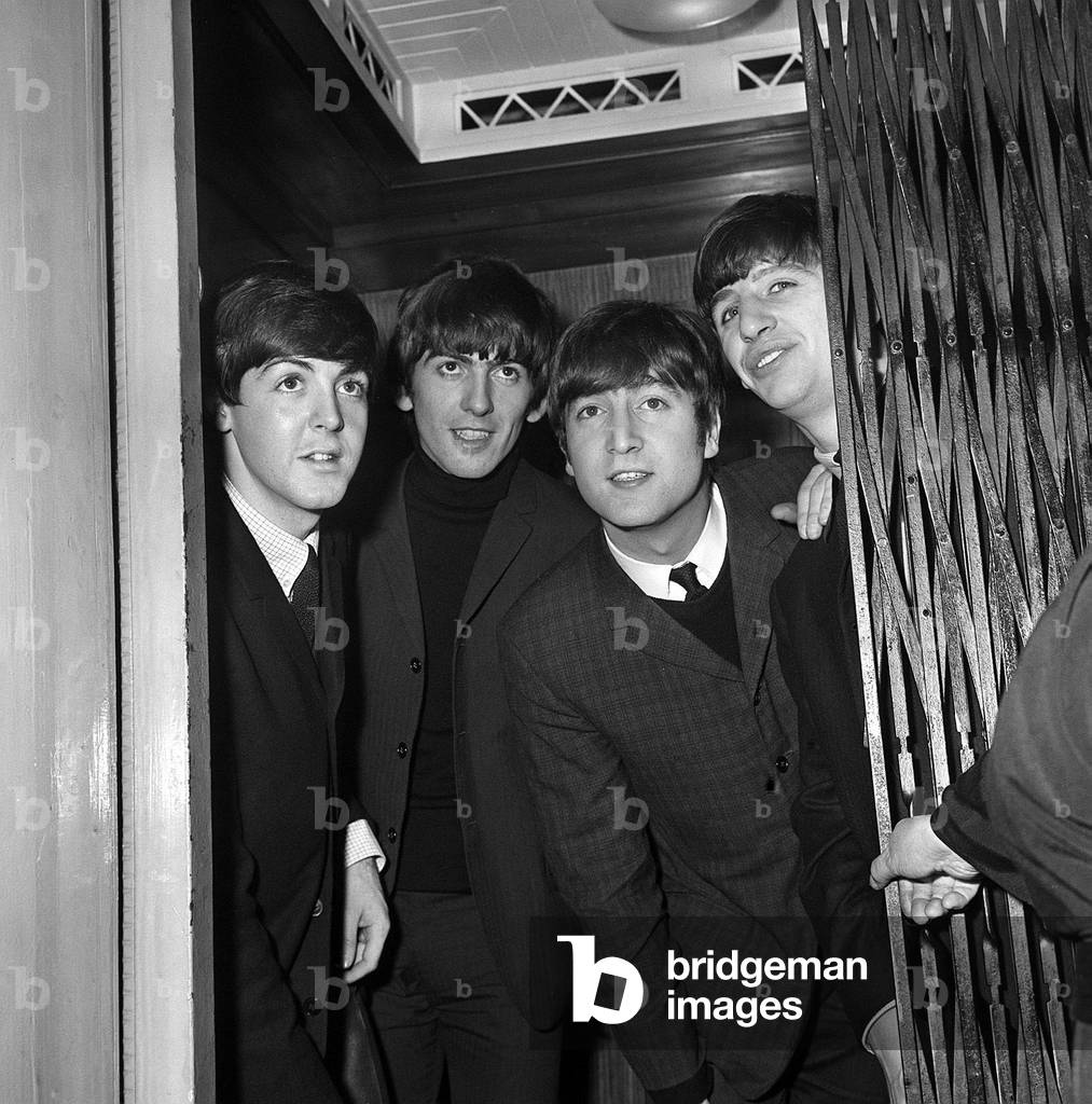 The Beatles pose together before their gig at at the cinema in Carlisle, 21st November 1963 (b/w photo)