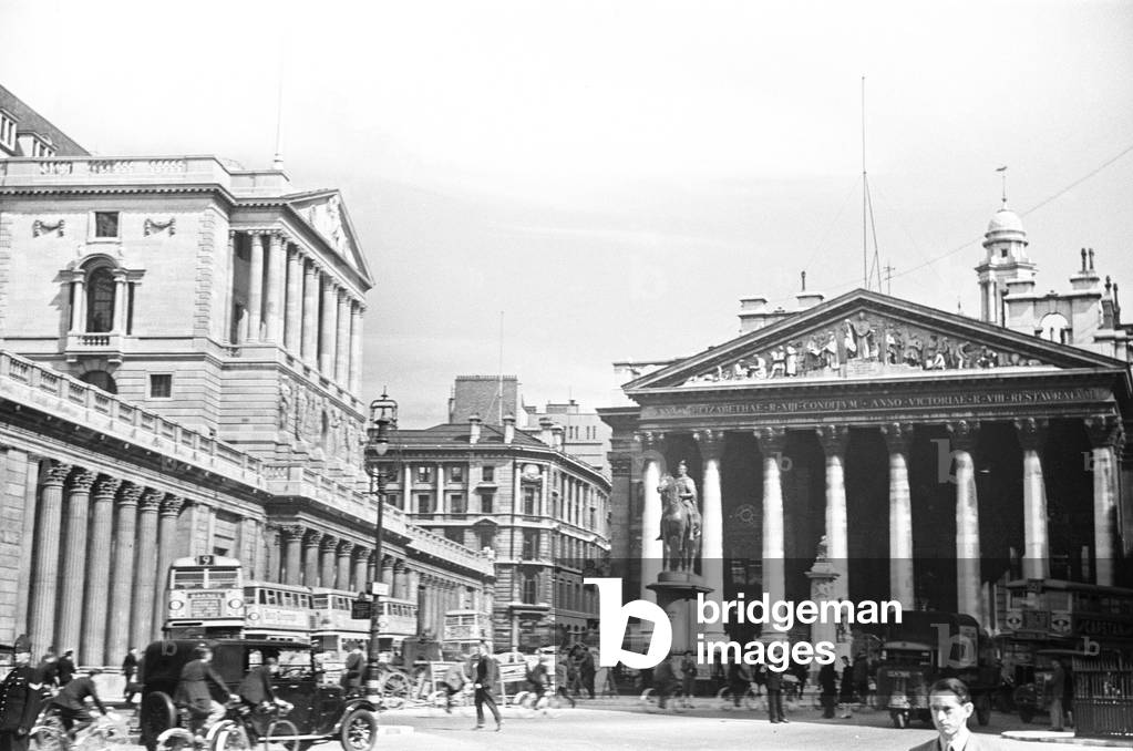 Threadneedle Street, London. Circa 1936. (Bank of England left, Royal Exchange right)