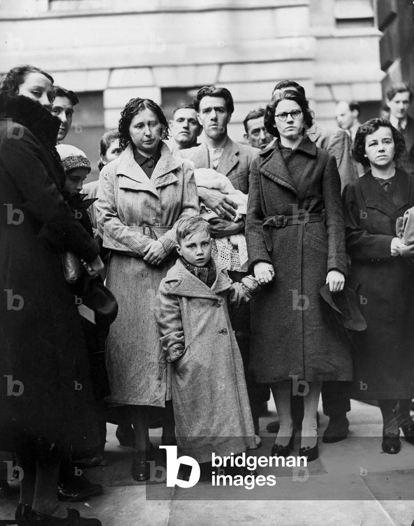 Survivors of Dutch liner Simon Bolivar sunk by a German mine in the North Sea, seen leaving St. Bartholomew hospital in London after receiving treatment, November 1939