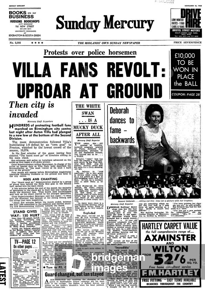 Sunday Mercury article, front page, featuring the headline 'Villa Fans Revolt: Uproar at Ground' about the protest by Aston Villa fans after the team plunged to the bottom of the second division. 10th November 1968 (photo)