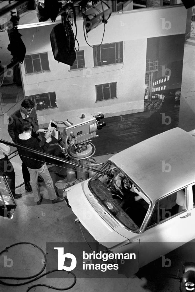 Cast and crew of Z-Cars TV programme seen here recording an episode of the show in the studio, 1966 (b/w photo)