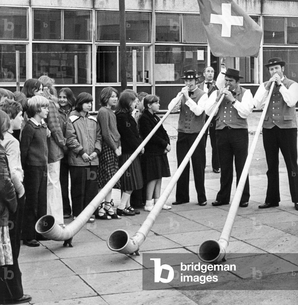 Dancers of the Trachtengruppe Duedingdning Dance group at Highfield Comprehensive School