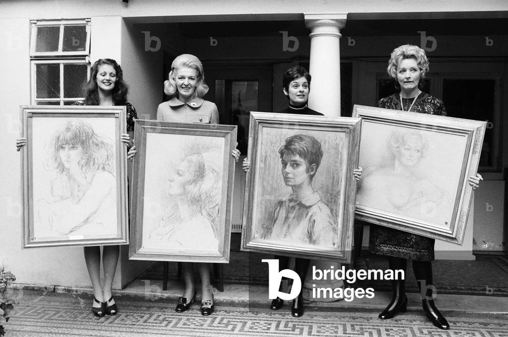 Distinguished British women pictured with their own portraits by Zsuzsi Roboz for the first time today at an exhibition 'Women of Today' at the O'Hana Gallery in London W1, October 1970 (b/w photo)
