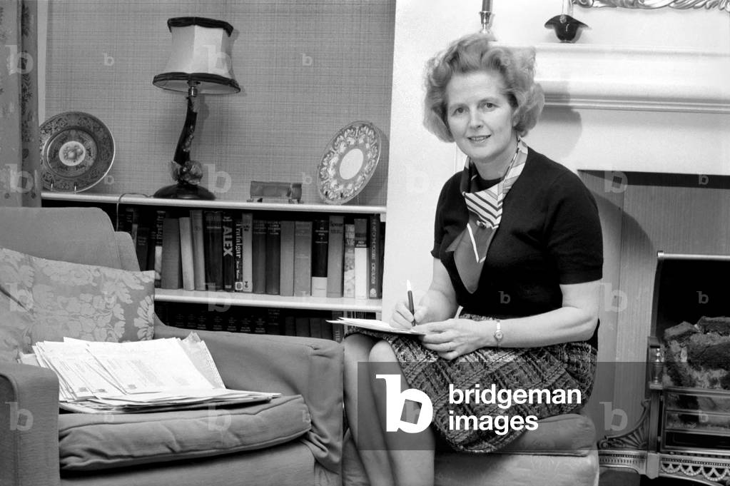 Margaret Thatcher M.P. at her Chelsea home, February 1975 (b/w photo)