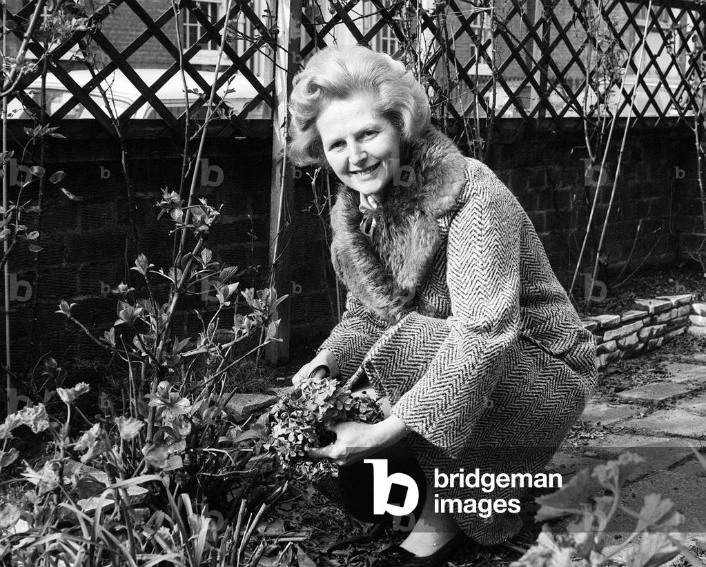 Margaret Thatcher, February 1975, working in the Front garden of her London Home.