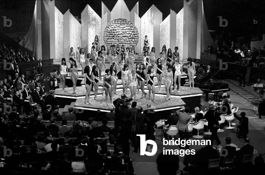 Miss World Beauty contestants on stage at the Albert Hall during the competition.
November 1969