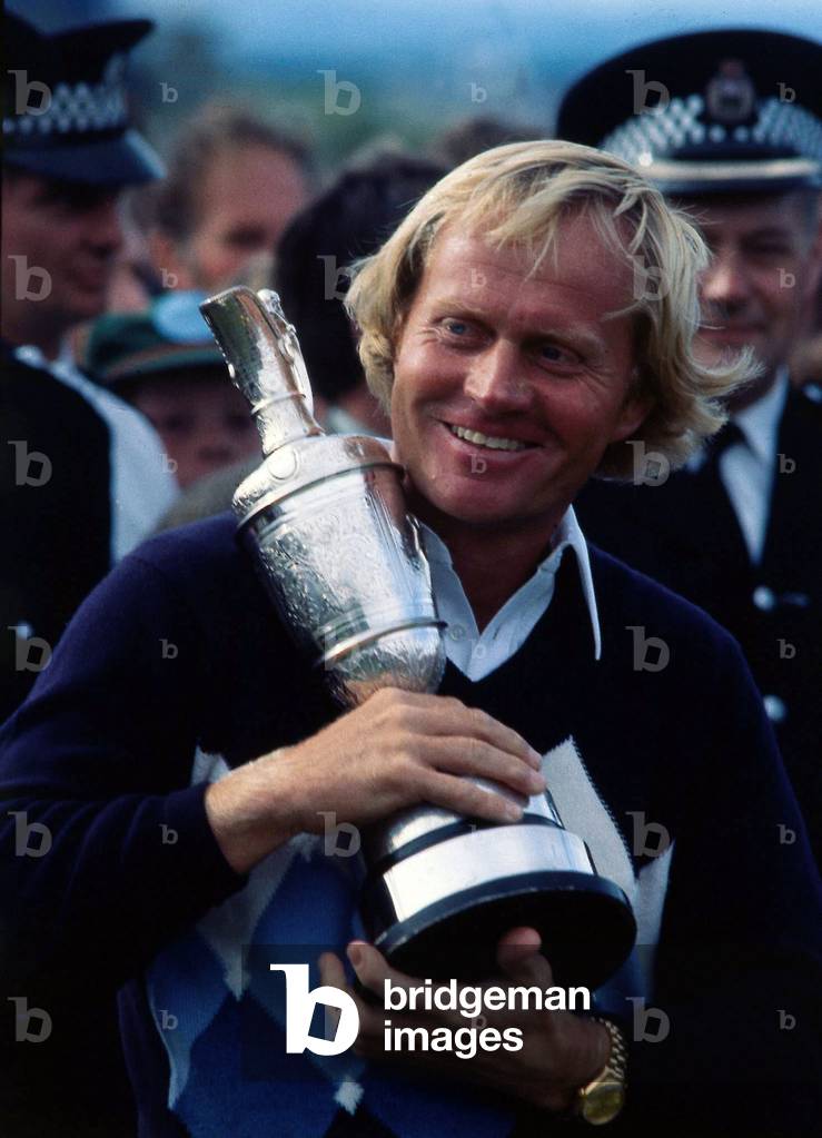 British Open 1978. St Andrews, Scotland, July 1978. Jack Nicklaus with Open Championship trophy 1978 (b/w photo)