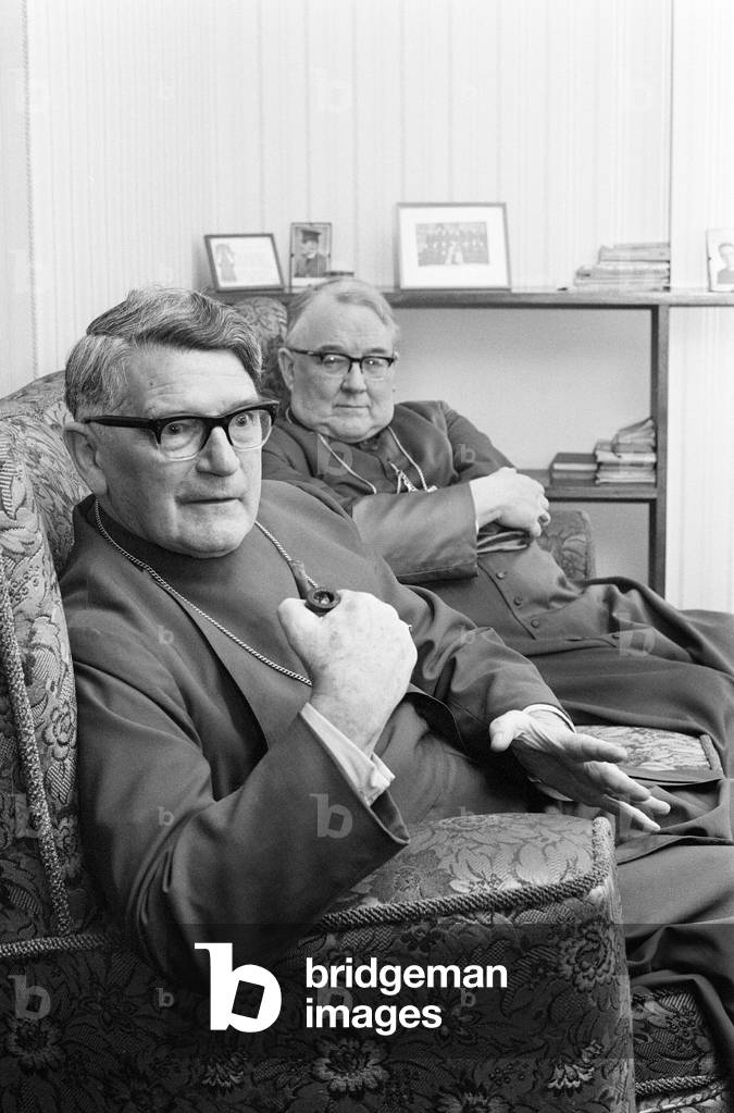 The Bishop of Birmingham, the Rt Rev Laurence Brown and the Archbishop of Birmingham, the Most Rev. George Dwyer, pictured at a press conference in the presbytery of St Catherine Roman Catholic Church in Bristol Street, Birmingham, 24th January 1972 (b/w photo)