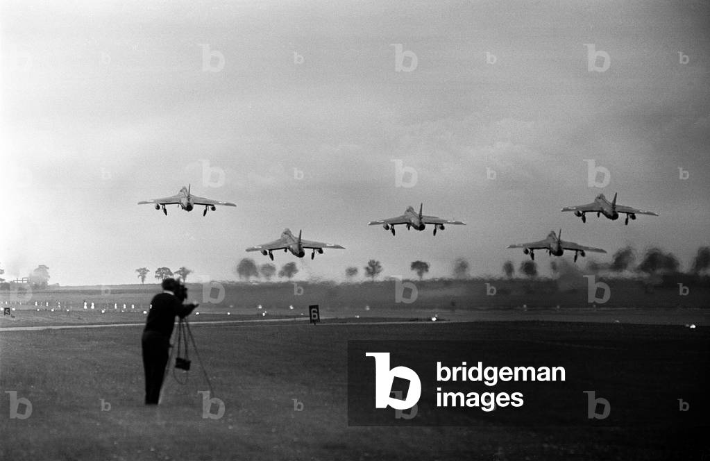 5 Hawker Hunter Fighters take off at RAF Station Wittering 16th July 1963.