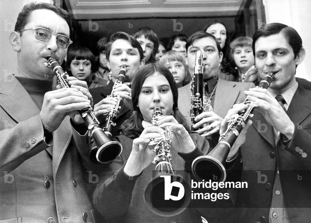 Four French clarinettists were joined by 13 year old Karen Latimer at Throckley Middle School in February 1974 (b/w photo)