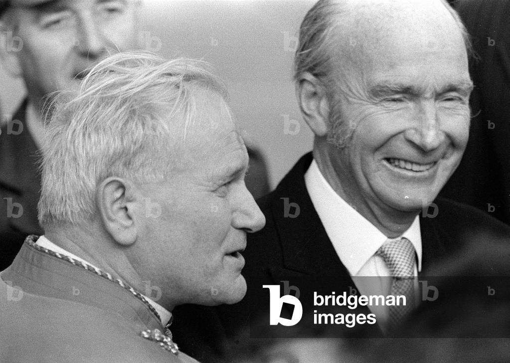Pope John Paul II on his visit to Ireland with Irish Prime Minister Patrick Hillery, October 1979 (b/w photo)