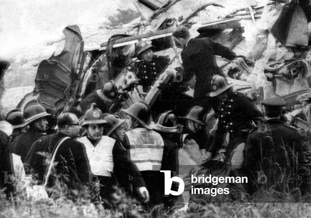 A BEA Hawker Siddeley Trident airliner, operating as a British European Airways (BEA) scheduled commercial passenger flight from London Heathrow Airport to Brussels, crashed near the town of Staines on Sunday, 18 June 1972, less than three minutes after take-off. All 118 persons on board were killed. The accident became known as the Staines disaster, and was the worst air disaster in Britain until the Pan Am bombing over Lockerbie, Scotland in 1988, 18/06/1972 (b/w photo)