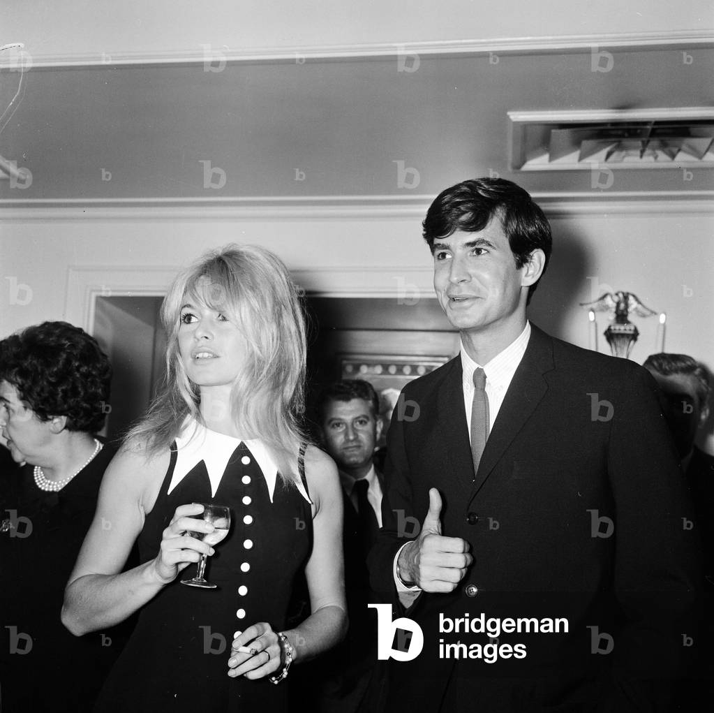 Brigitte Bardot & Antony Perkins at press conference, London, 1963 (b/w photo)