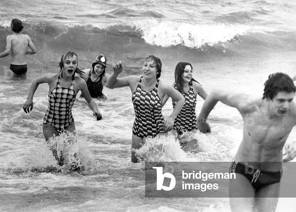 Goosepimples galore as Gillian Davison and her pals brave the North Sea on the traditional new years day dip, 1970