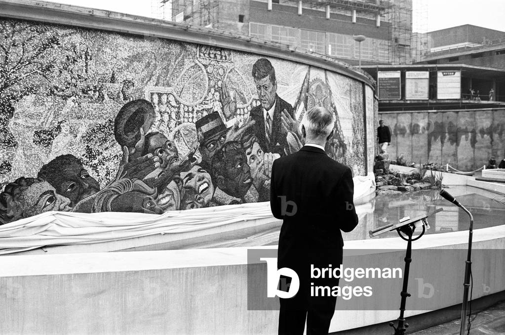Unveiling of President Kennedy 160,000 piece memorial mosaic, located in Kennedy Gardens, St Chad's Circus, Birmingham. Designed by Kenneth Budd. Unveiled 8th July 1968 (b/w photo)
