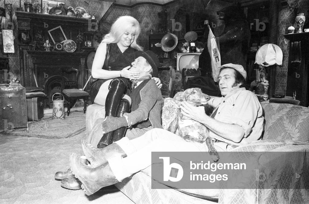 Steptoe and Son photocall to announce that a second feature film of the successful comedy series is to be made. Called 'Steptoe and Son Ride Again' the film - released 1973 - stars Wildred Brambell as Albert Steptoe, Harry H Corbett as his son Harold Steptoe, and Diana Dors, pictured Thursday 15th February 1973 (b/w photo)