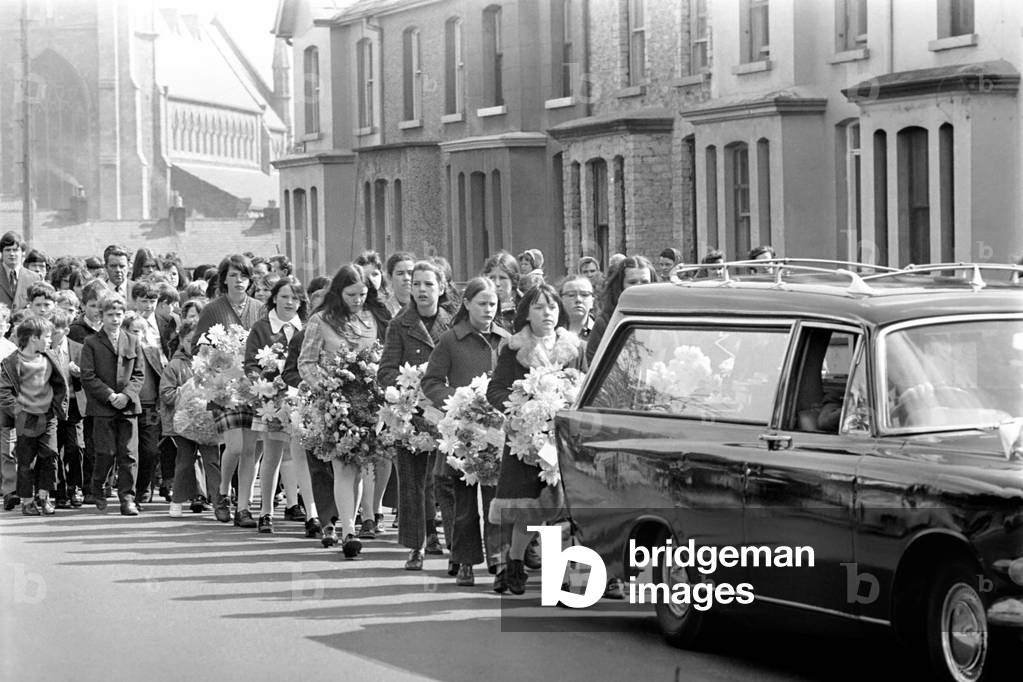 Northern Ireland May 1972. Funeral of 15 year old Manus Deery-shot by troops in Bogside - leaves St. Eugenes Cathedral - for burial ceremony at city cemetery in Londonderry. May 1972 72-5763-001