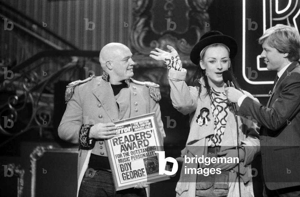 British Rock and Pop award at London's Lyceum ballroom. Singer of the group Culture Club Boy George, 1983