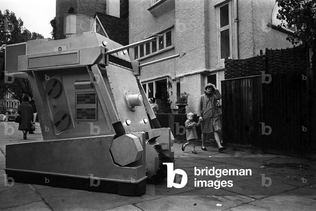 War Machines used by intelligent computer, WOTAN, in Doctor Who BBC TV Series, Episodes titled The War Machines. First aired 25th June 1966. Pictured, War Machines parked in Cornwall Gardens Walk, South Kensington, London, 26th May 1966 (b/w photo)