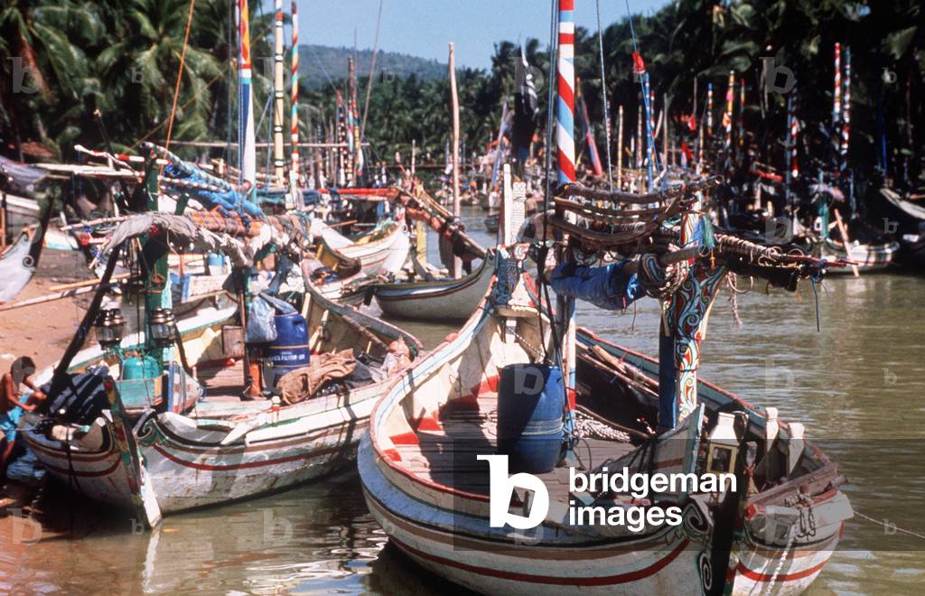 Small river crowded with fishing boats in Madura Indonesia, c. 1975 (b/w photo)