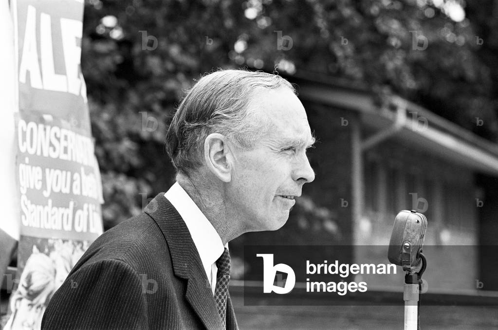 Conservative Prime Minister Alec Douglas-Home speaking at Ongar. At this event Mr Austen Brooks, a member of the League of Empire Loyalists, heckled Mr Douglas-Home. 27th July 1964 (b/w photo)