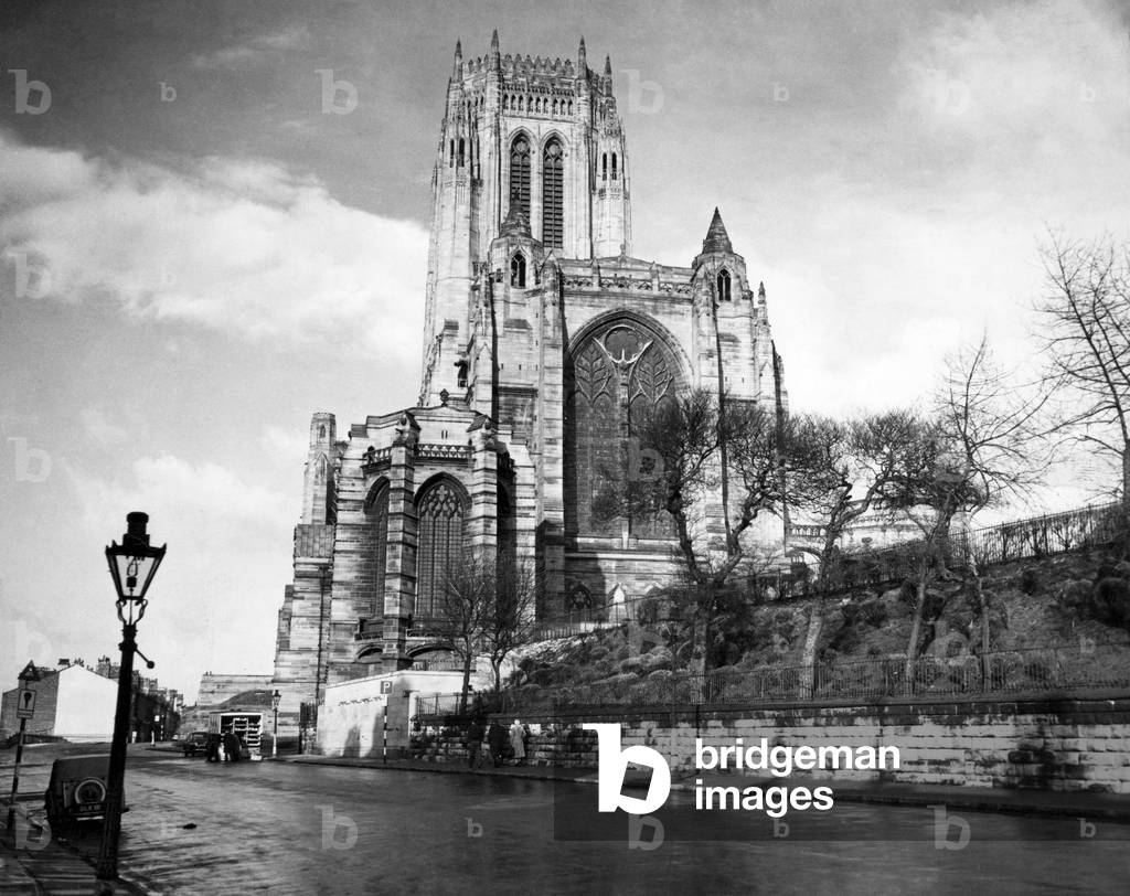 Liverpool Cathedral, the Church of England Cathedral of the Diocese of Liverpool, built on St James's Mount in Liverpool and is the seat of the Bishop of Liverpool, completed in 1978. Pictured, 5th April 1958 (b/w photo)