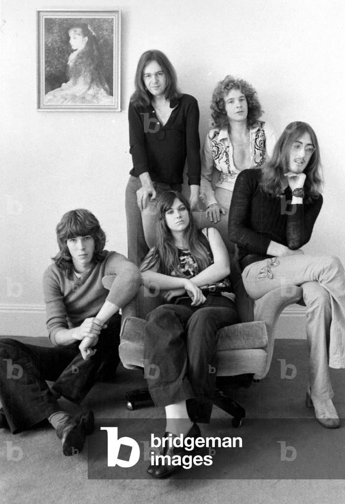 Curved Air pop group, (seated front) Florian Pilkington - Milka, 21 (left), Sonia Kristina 22 (centre) and Ian Eyre 20. At rear (standing0 Francis Monkman 22 (left) and Darryl Way.
August 1971
