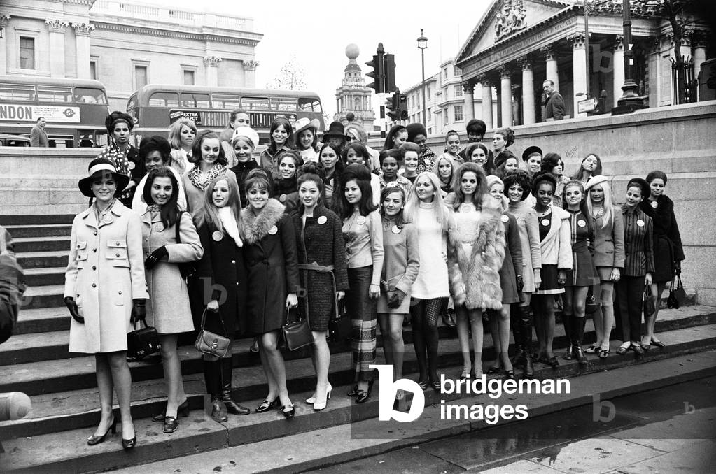 Miss World Contestants, photocall in Trafalgar Square, London, 8th November 1968 (b/w photo)
