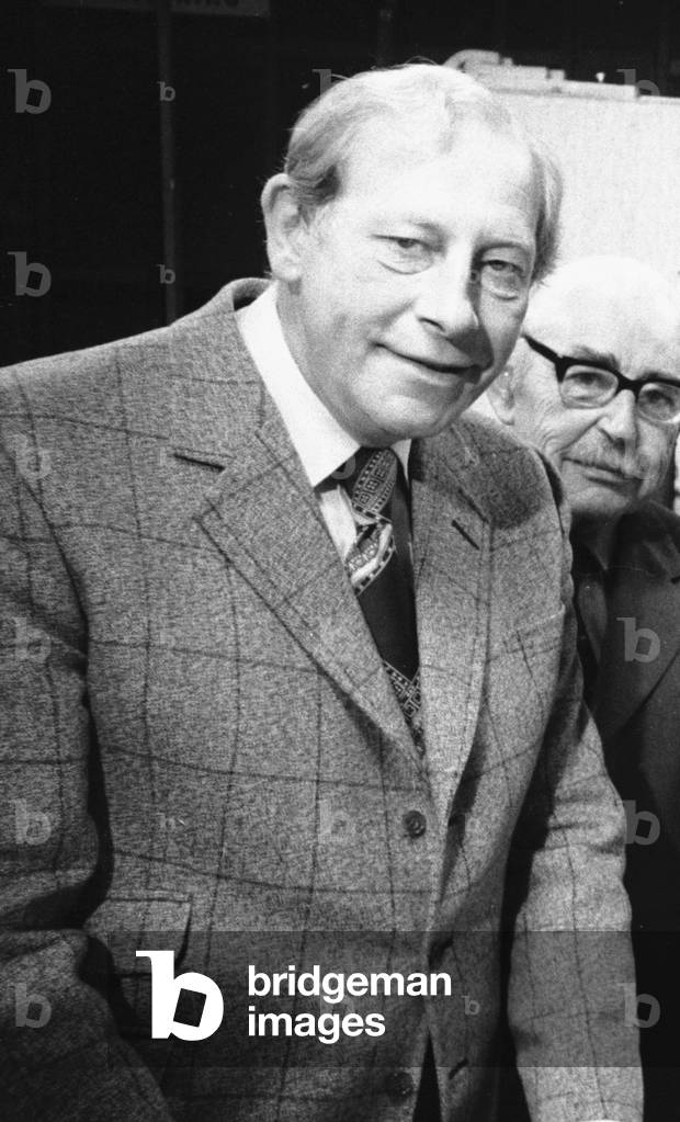 Veteran BBC Newscaster Peter Woods seen here at celebrations to mark the 25 anniversary of the BBC Television News Service at BBC TV Centre in White City, 25th June 1979 (b/w photo)