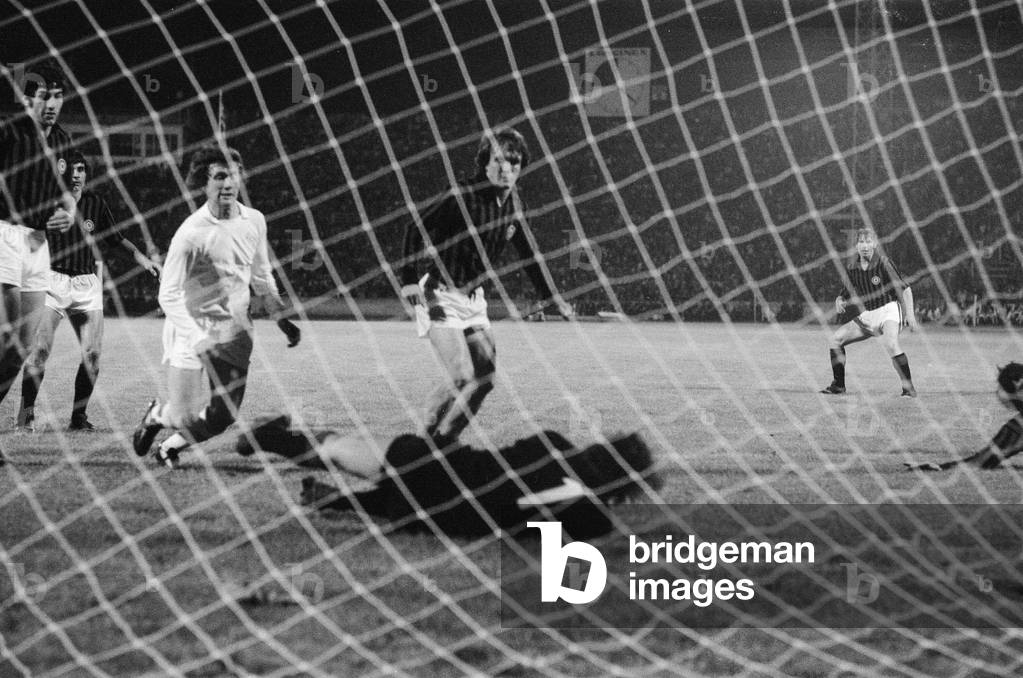 1973 European Cup Winners Cup Final at the Kaftanzoglio Stadium in Thessaloniki, Greece. AC Milan 1 v Leeds United 0 Picture shows: Action during the match. During the match Leeds had goals disallowed, several penalty appeals rejected and a player sent off by Greek referee Christos Michas and lost the game to an indirect free kick taken directly. Michas was later convicted of match fixing in a Greek court and was fined, sent to jail and banned by UEFA from refereeing for life. 16th May 1973 (b/w photo)