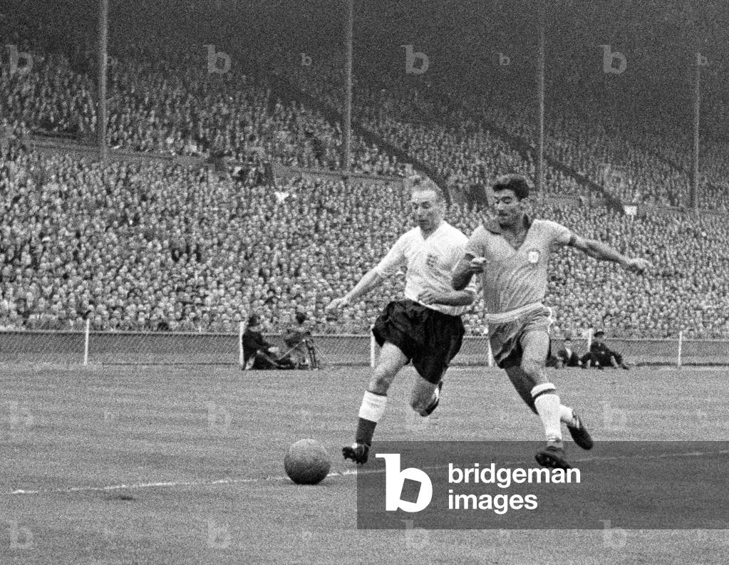 Stanley Matthews and Nilton Santos, International Friendly Match at Wembley Stadium, 1956 (b/w photo)