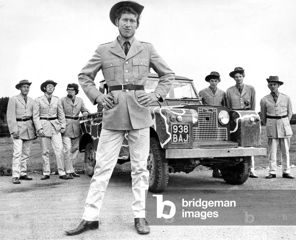 Mr. John Howard, chief warden at Lambton Pleasure Park with some of his wardens in their uniforms in 1972 (b/w photo)