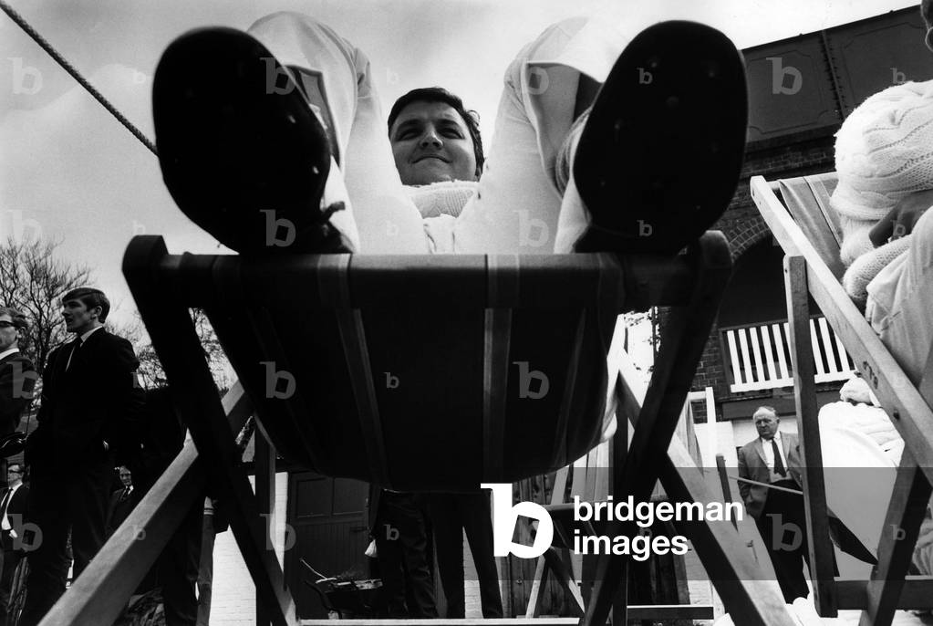 Colin Milburn, Cricket Player pictured relaxing watching match after earlier having scored 68 runs, April 1967 (b/w photo)