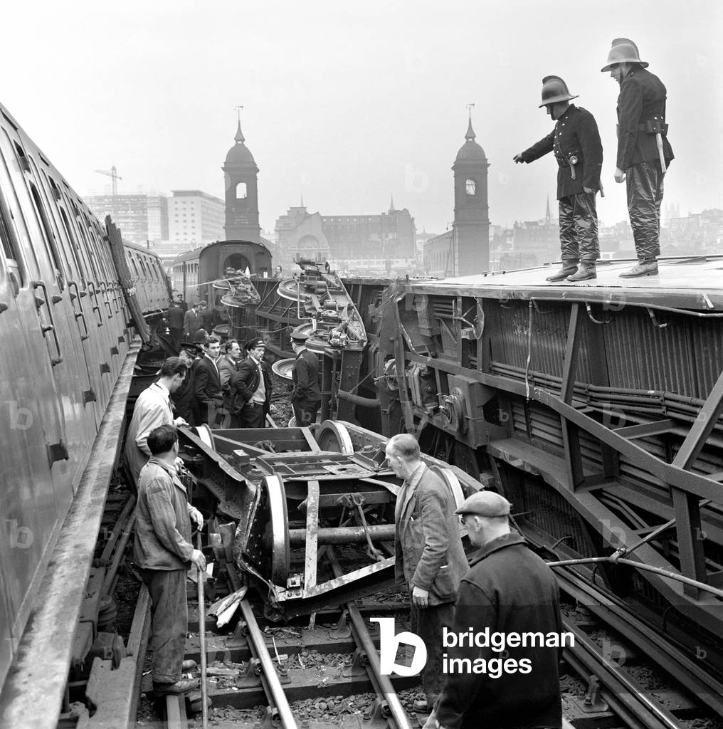 Two trains collide at Canon Street Station, London March 1961 (b/w photo)