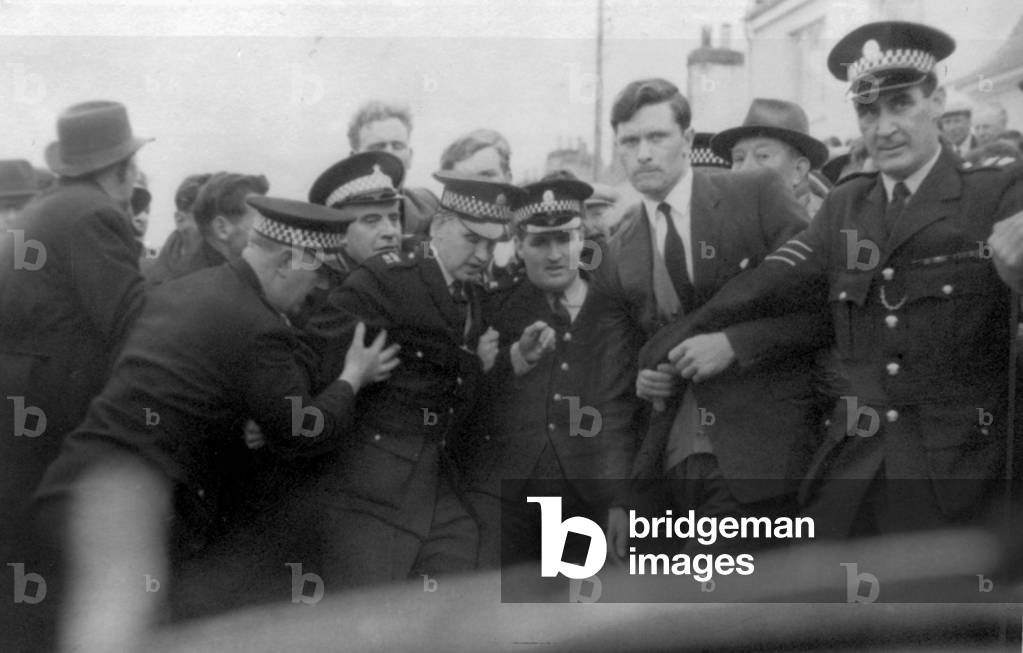 Protestors in Kyleakin on the Isle of Skye demonstrate against Sunday ferry service, which they believe is in breach of the sabbath June 1965 (b/w photo)