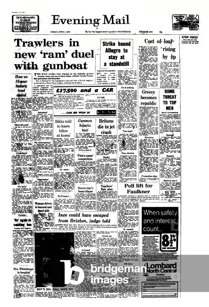 Evening Mail Newspaper, Front Page, Published Friday 1st June 1973 (b/w photo)
